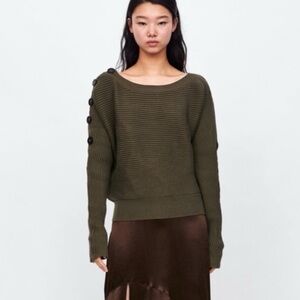 Zara Olive Buttoned Crew Neck Sweater